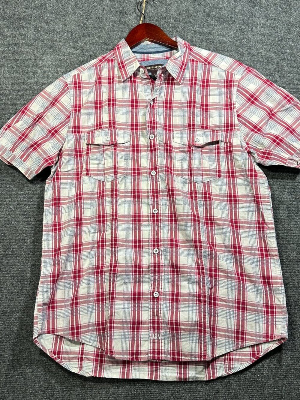 Johnston & Murphy Shirt Mens Medium Plaid Cotton Short Sleeve Button Up Pockets